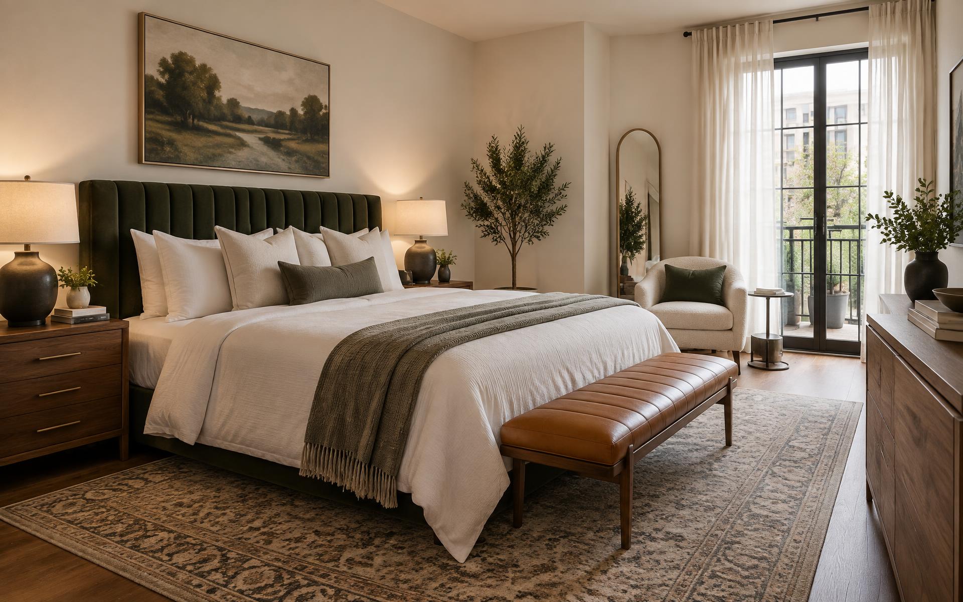 Suíte do Residencial Central com cama king, roupa de cama branca e detalhes em verde e caramelo