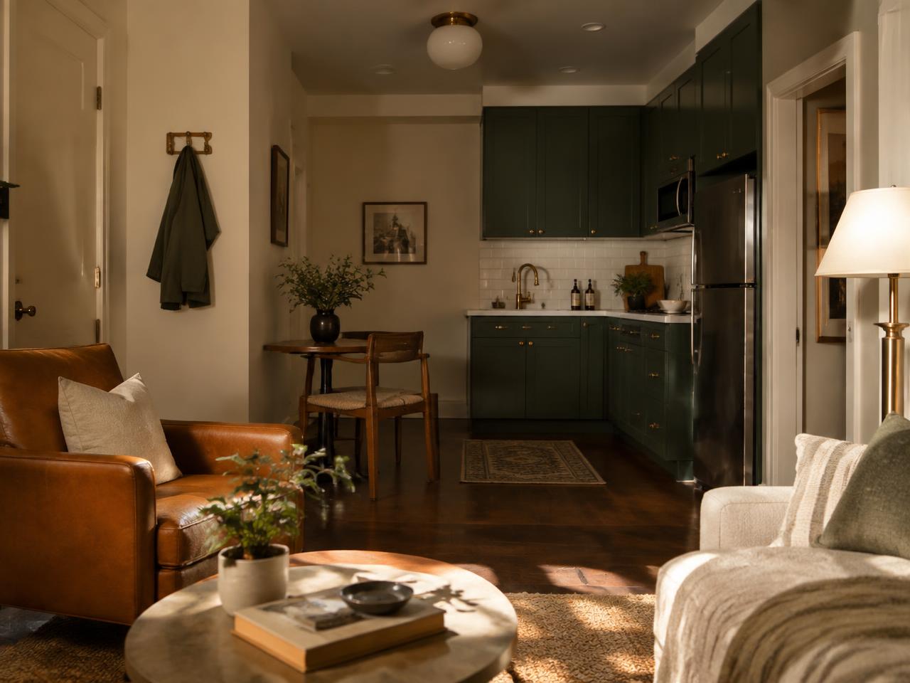 Sala de estar com cozinha compacta do apartamento